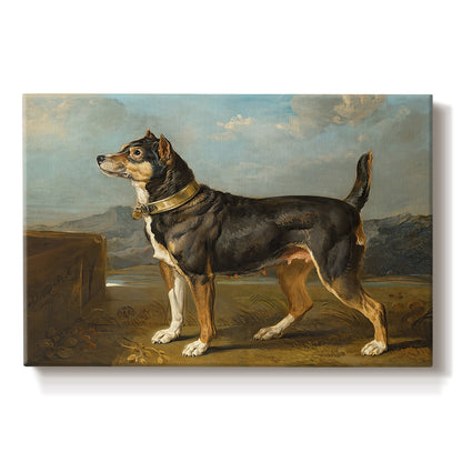 Canvas art print portraying a small terrier standing alert in open countryside landscape, set against a white background