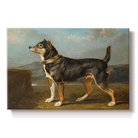 Canvas art print portraying a small terrier standing alert in open countryside landscape, set against a white background