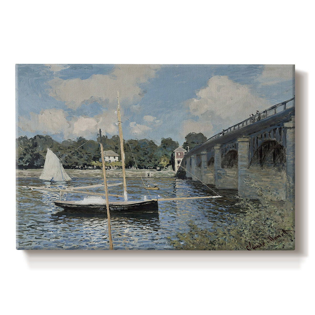 Canvas art print portraying a bridge spanning river with sailboats and reflections in bright daylight, set against a white background