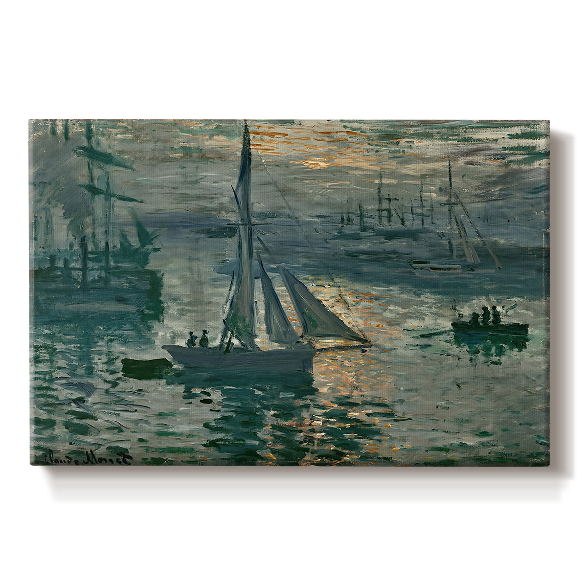 Canvas art print portraying a hazy sunrise over harbor with boats silhouetted in soft morning light, set against a white background