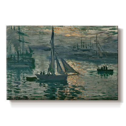 Canvas art print portraying a hazy sunrise over harbor with boats silhouetted in soft morning light, set against a white background