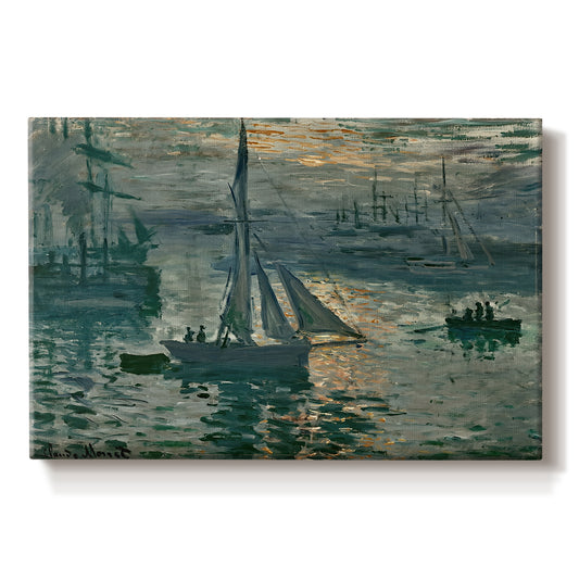 Canvas art print portraying a hazy sunrise over harbor with boats silhouetted in soft morning light, set against a white background