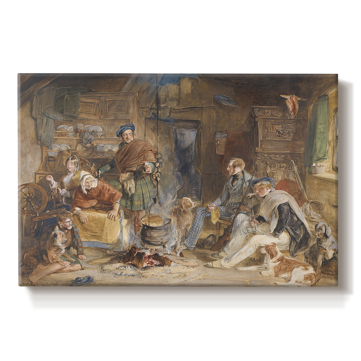 Canvas art print portraying a group of figures gathered indoors sharing food in rustic setting, set against a white background