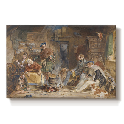 Canvas art print portraying a group of figures gathered indoors sharing food in rustic setting, set against a white background