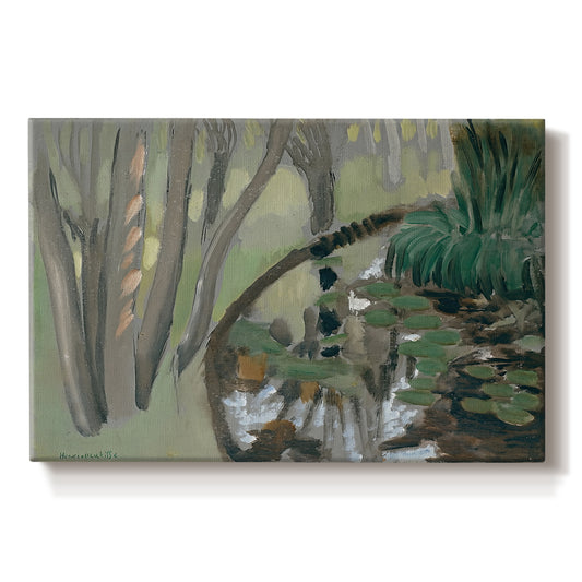 Canvas art print portraying a stream flowing through green landscape, set against a white background