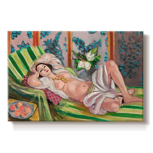 Canvas art print portraying a reclining odalisque surrounded by floral and magnolia patterns, set against a white background