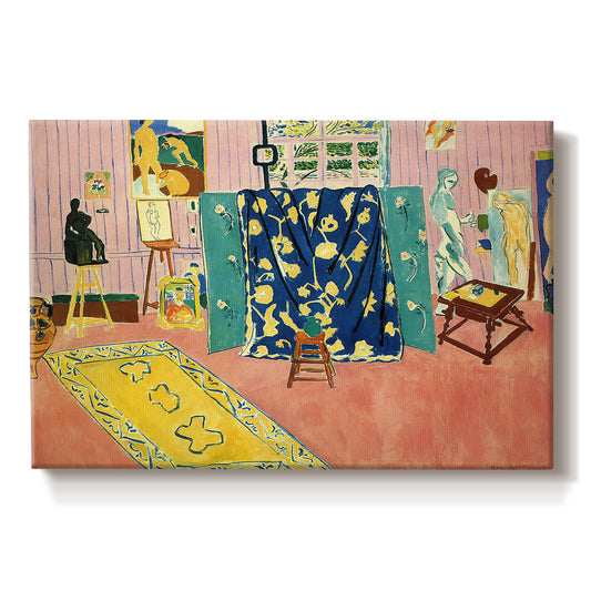 Canvas art print portraying a studio interior filled with objects in pink tones, set against a white background
