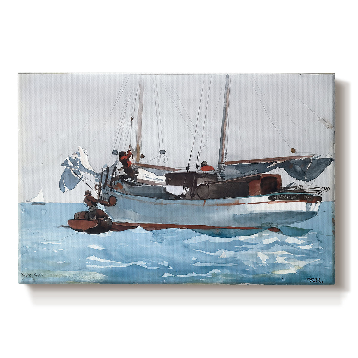 Canvas art print portraying workers transferring supplies between boat and larger vessel on water, set against a white background