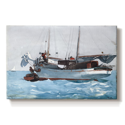 Canvas art print portraying workers transferring supplies between boat and larger vessel on water, set against a white background