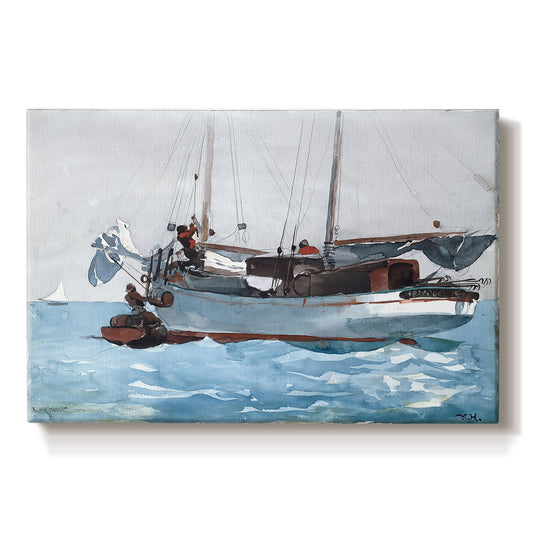 Canvas art print portraying workers transferring supplies between boat and larger vessel on water, set against a white background