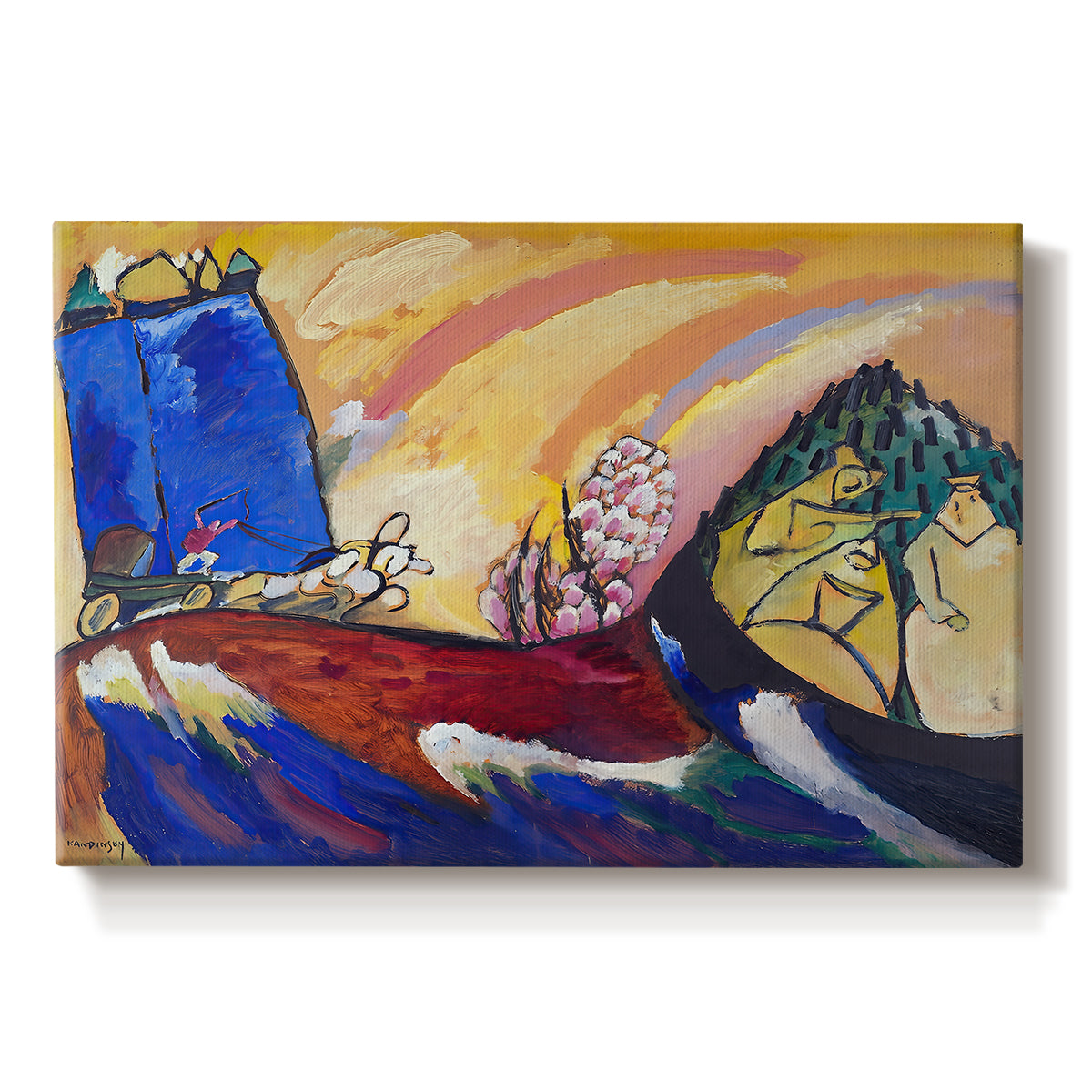 Canvas art print portraying abstracted figures and horses suggested through sweeping lines and vibrant colors, set against a white background