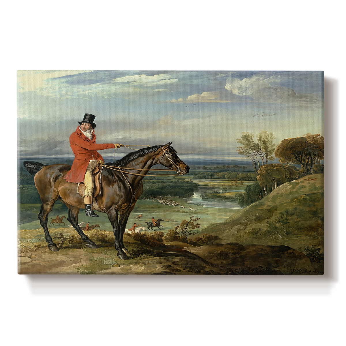 Canvas art print portraying a mounted hunter with dogs pursuing game across open landscape, set against a white background
