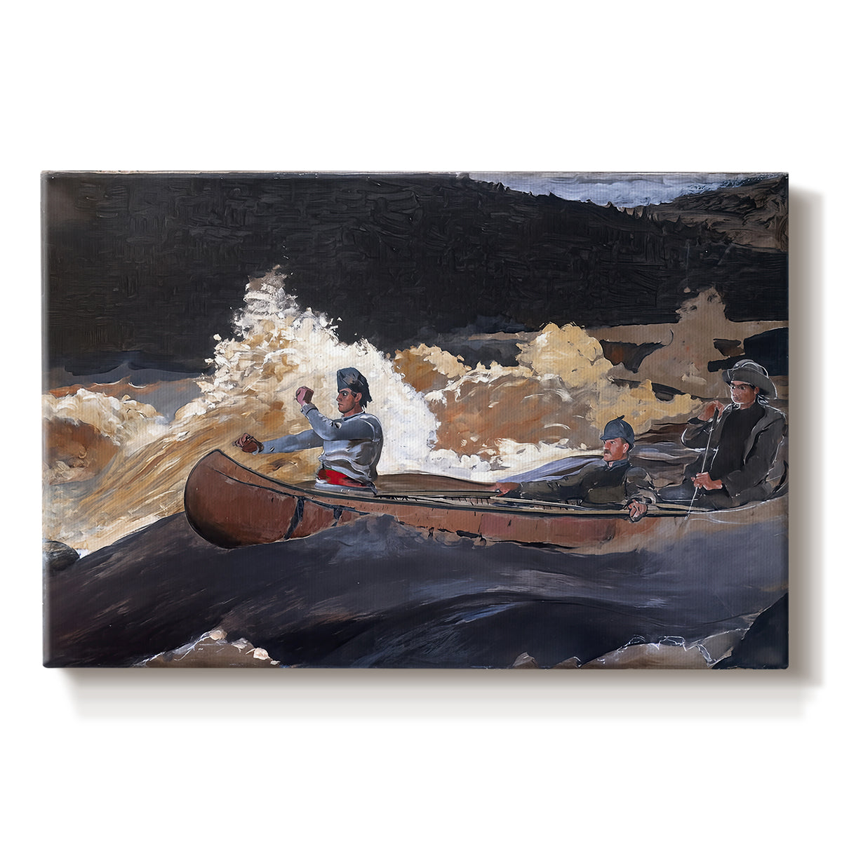 Canvas art print portraying a boat navigating fast-moving river rapids with figures aboard, set against a white background