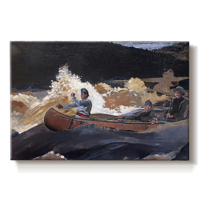Canvas art print portraying a boat navigating fast-moving river rapids with figures aboard, set against a white background