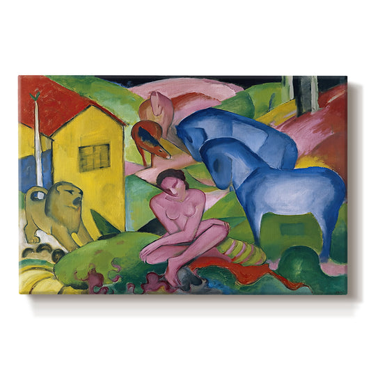 Canvas art print portraying an abstract composition of animals and figures intertwined in vivid dreamlike colors, set against a white background