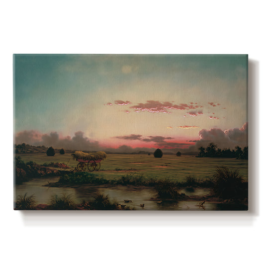 Canvas art print portraying an expansive marshland with water channels and horizon, set against a white background