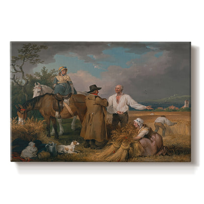 Canvas art print portraying a group of figures harvesting crops in open rural landscape, set against a white background
