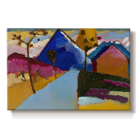 Canvas art print portraying a simplified street scene with buildings and landscape rendered in bold color blocks, set against a white background