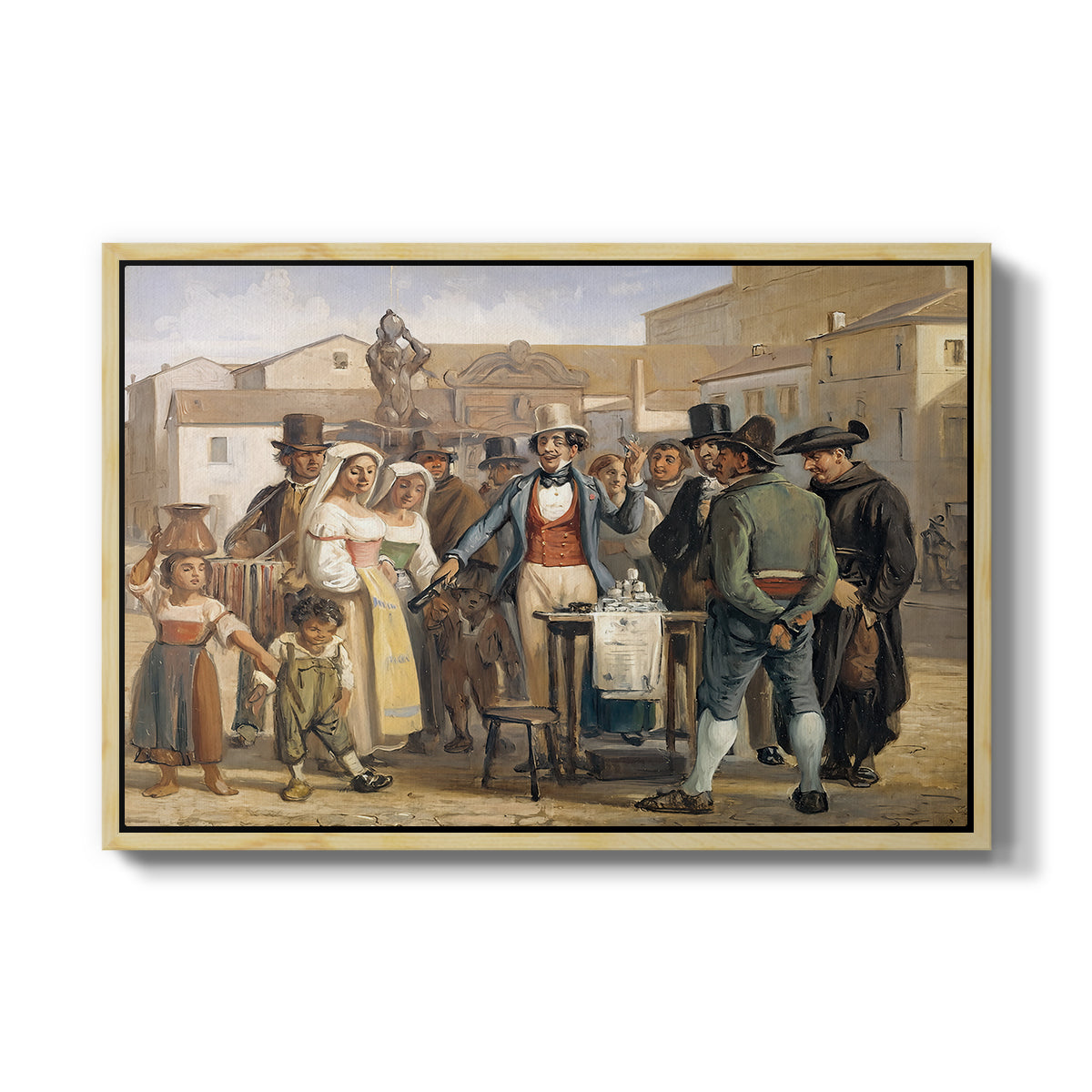 A Charlatan Selling Blacking in the Piazza Barberini in Rome, c. 1840-1849 - Floater Framed Canvas Print