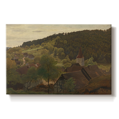 Canvas art print portraying an elevated landscape view overlooking valley and distant hills, set against a white background