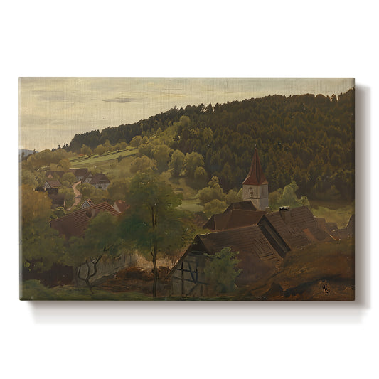 Canvas art print portraying an elevated landscape view overlooking valley and distant hills, set against a white background