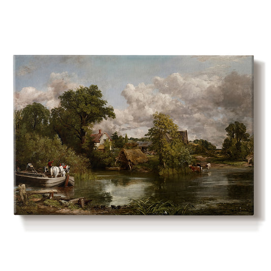 Canvas art print portraying a white horse standing near river within rural landscape, set against a white background