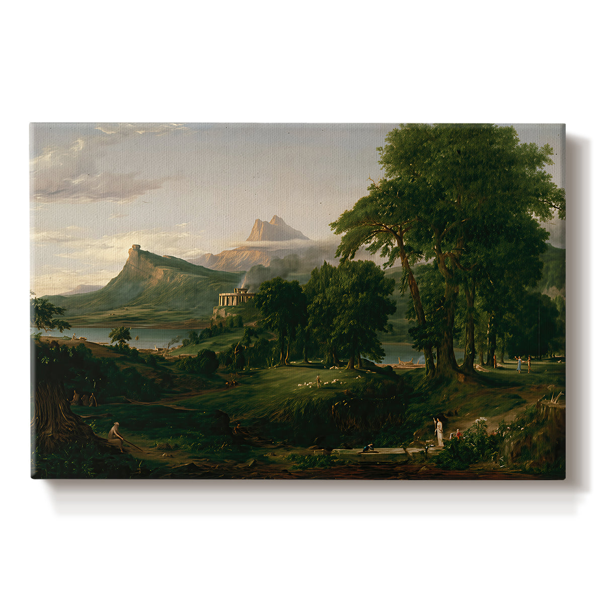 Canvas art print portraying a peaceful pastoral landscape with figures farming and grazing animals, set against a white background