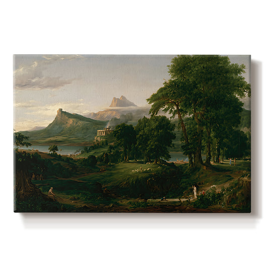 Canvas art print portraying a peaceful pastoral landscape with figures farming and grazing animals, set against a white background