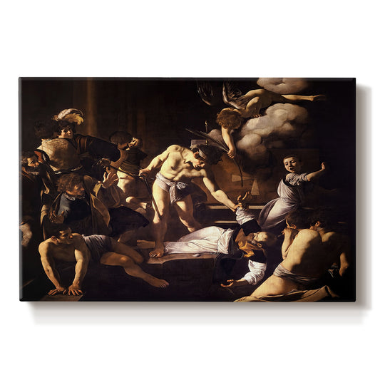 Canvas art print portraying a chaotic scene of Saint Matthew being attacked by executioner in church, set against a white background