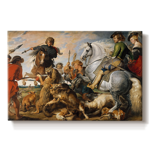 Canvas art print portraying a chaotic hunting scene with riders, dogs, and animals, set against a white background