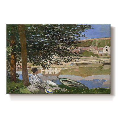 Canvas art print portraying a woman and child seated along riverbank beneath trees in soft daylight, set against a white background