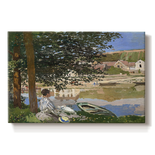 Canvas art print portraying a woman and child seated along riverbank beneath trees in soft daylight, set against a white background
