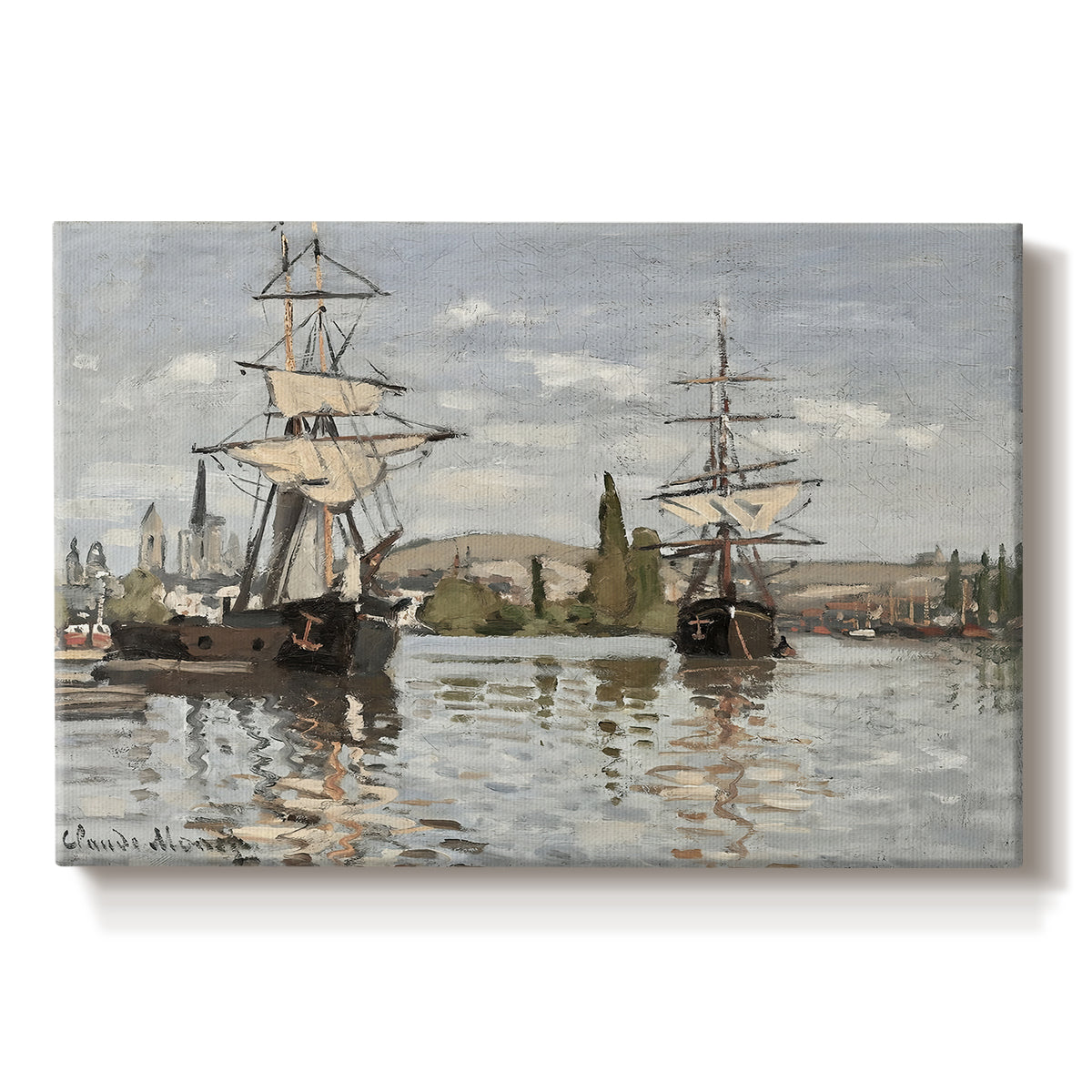 Canvas art print portraying large ships docked along the Seine with masts rising against soft sky, set against a white background