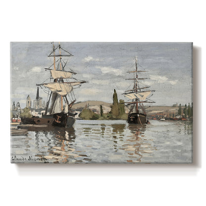 Canvas art print portraying large ships docked along the Seine with masts rising against soft sky, set against a white background