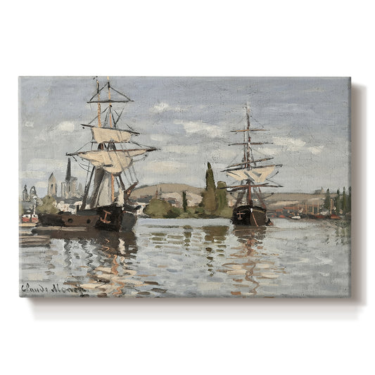 Canvas art print portraying large ships docked along the Seine with masts rising against soft sky, set against a white background