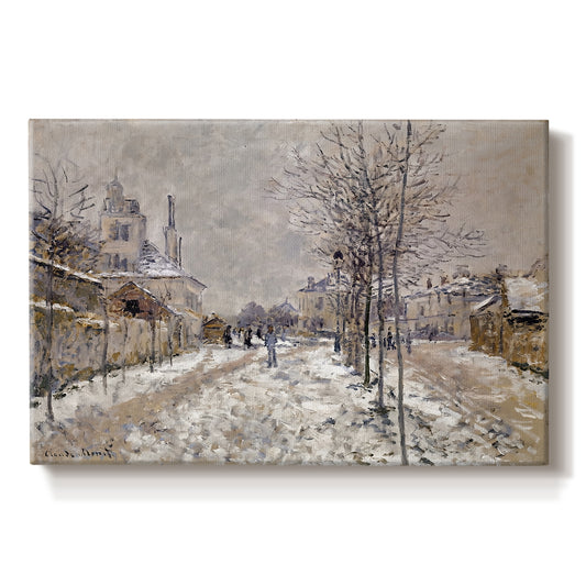 Canvas art print portraying a snow-covered street lined with trees and buildings under winter sky, set against a white background