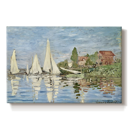 Canvas art print portraying colorful sailboats racing across river under bright sky, set against a white background