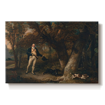 Canvas art print portraying a man with multiple dogs preparing for hunting in countryside, set against a white background