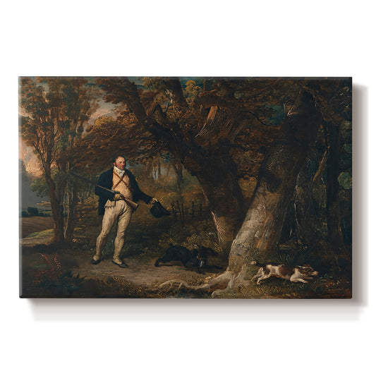 Canvas art print portraying a man with multiple dogs preparing for hunting in countryside, set against a white background