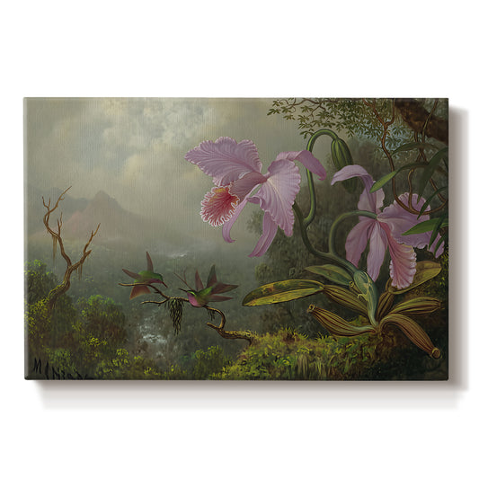 Canvas art print portraying two hummingbirds perched on branch with foliage, set against a white background