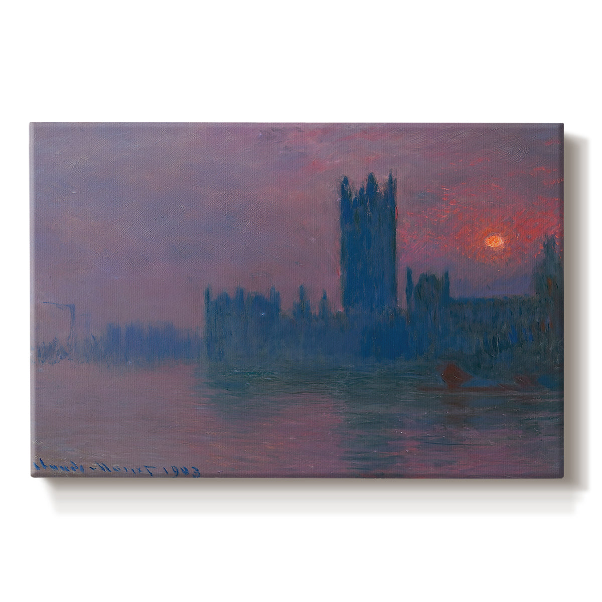 Canvas art print portraying a silhouette of Parliament buildings against glowing sunset across river, set against a white background