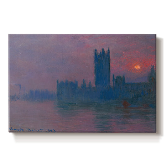 Canvas art print portraying a silhouette of Parliament buildings against glowing sunset across river, set against a white background