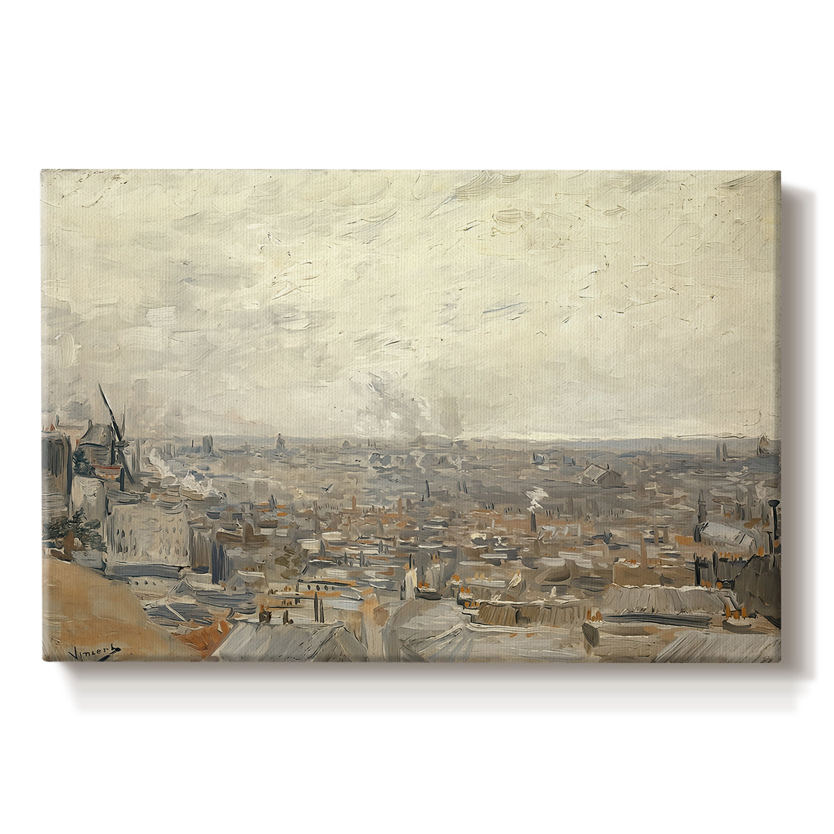 Canvas art print portraying an elevated view over rooftops and buildings across wide urban landscape, set against a white background