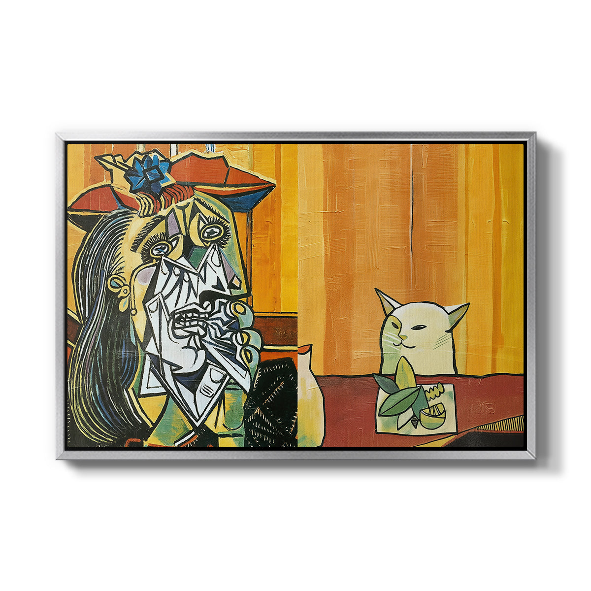 Woman Yelling at a Cat Meme (Picasso Parody) - Floater Framed Canvas Print
