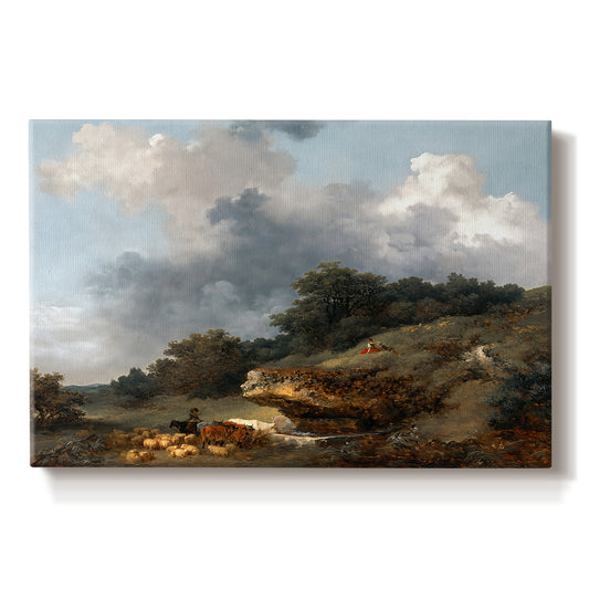 Canvas art print portraying a pastoral landscape with figures and animals gathered near water, set against a white background