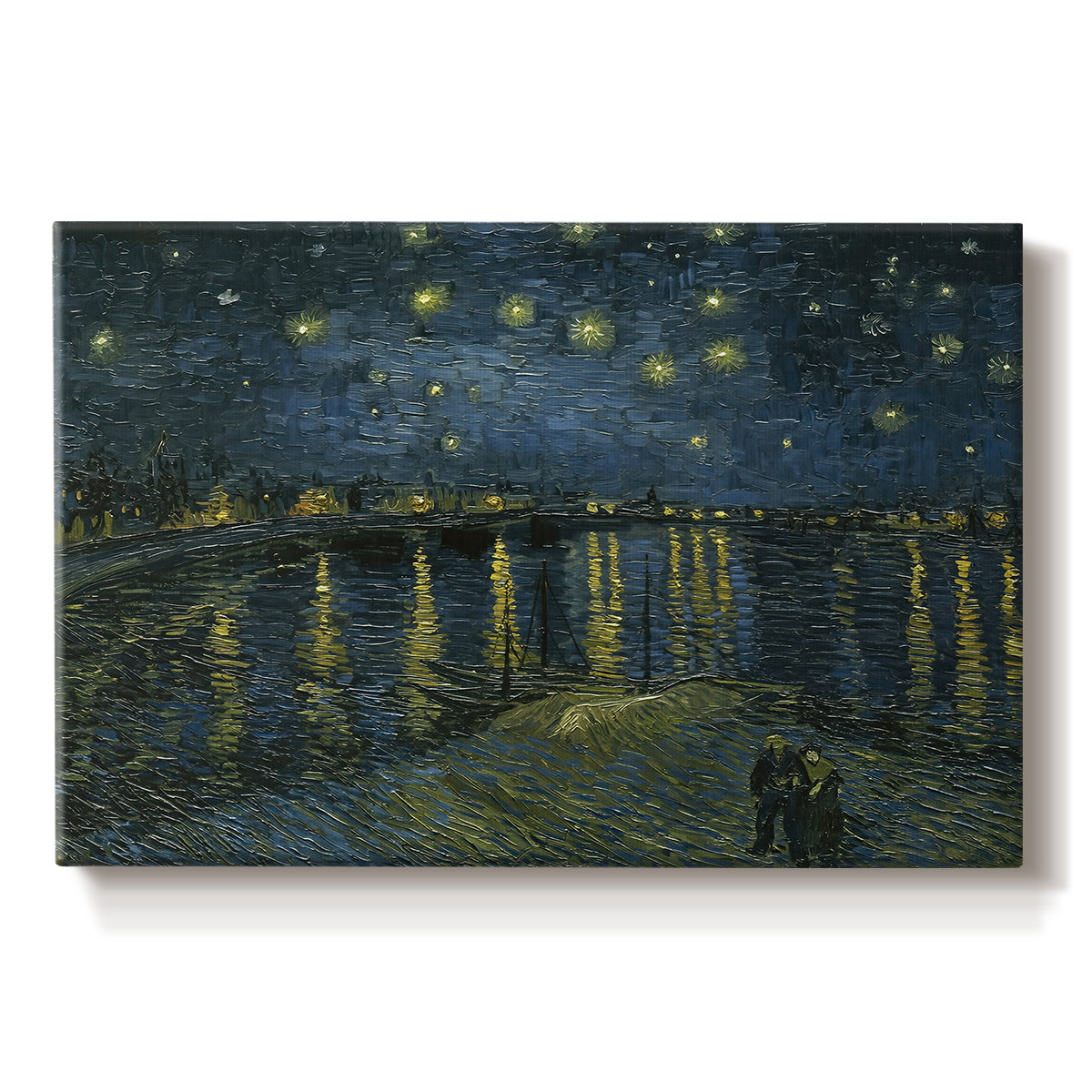 Canvas art print portraying a night river scene with reflections of lights and stars across water, set against a white background