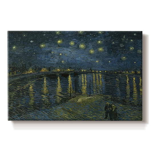 Canvas art print portraying a night river scene with reflections of lights and stars across water, set against a white background