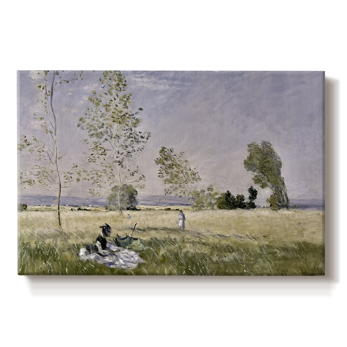 Canvas art print portraying a woman seated in grassy field beneath tree in bright summer landscape, set against a white background