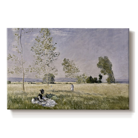 Canvas art print portraying a woman seated in grassy field beneath tree in bright summer landscape, set against a white background