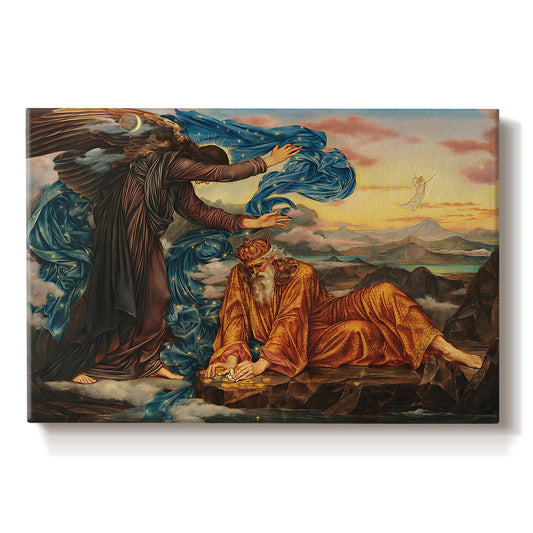 Canvas art print portraying a reclining female figure surrounded by symbolic elements in dreamlike setting, set against a white background